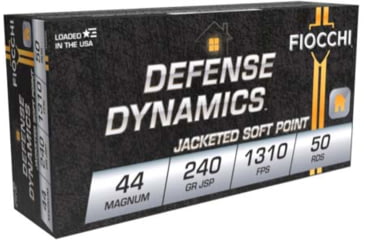 Image of Fiocchi Defense Dynamics .44 Magnum 240 Grain JSP Brass Cased pistol Ammo, 50 Rounds, 44A500