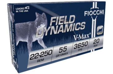 Image of Fiocchi Field Dynamics .22-250 Remington 55 Grain VMAX Brass Rifle Ammo, 20 Rounds, 22250HVD