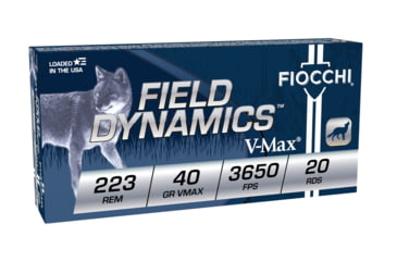 Image of Fiocchi Field Dynamics .223 Rem 40 Grain V-Max Brass Rifle Ammo, 3650 Velocity, 20 Rounds, 223HVB20