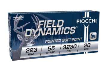 Image of Fiocchi Field Dynamics .223 Rem 55 Grain V-Max Brass Rifle Ammo, 3230 Velocity, 20 Rounds, 223B20