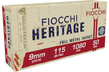 Image of Fiocchi Heritage 9mm Steyr 115 Grain FMJ Brass Pistol Ammo, 50 Rounds, 9SA