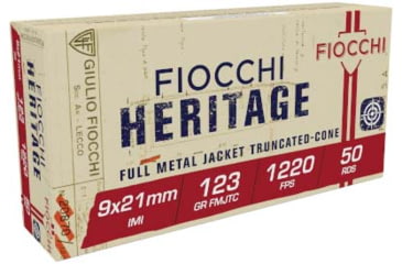 Image of Fiocchi Heritage 9x21 IMI 123 Grain FMJTC Brass Case Pistol Ammo, 50 Rounds, 9X21