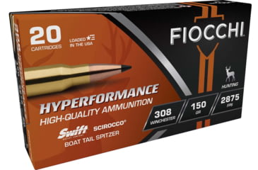 Image of Fiocchi Hyperformance Hunt .308 Winchester 150 Grain Scirocco Brass Rifle Ammo, 20 Rounds, 308SCA