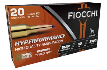 Image of Fiocchi Hyperformance Hunt 6mm Creedmoor, 80 Gr, Rifle Centerfire, Brass Rifle Ammo, 20 Round, 6CMTT