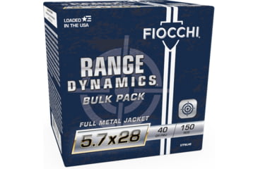 Image of Fiocchi Range Dynamics 5.7x28mm 40 Grain FMJ Brass Pistol Ammo, 150 Rounds, 57FMJ40