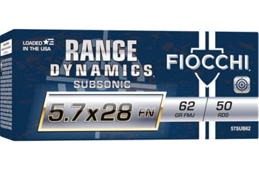 Image of Fiocchi Range Dynamics 5.7x28mm 62 Grain FMJ Brass Cased Centerfire Pistol Ammo, 50 Rounds, 57SUB62
