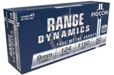Image of Fiocchi Range Dynamics 9mm 124 Grain FMJ Brass Pistol Ammo, 50 Rounds, 9APB