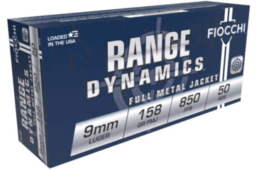 Image of Fiocchi Range Dynamics 9mm Luger 158 Grain FMJ Brass Cased Centerfire Pistol Ammo, 50 Rounds, 9APE