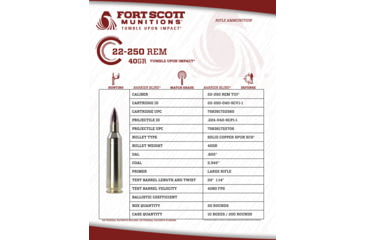 Image of Fort Scott Munitions 22-250 Remington 40 grain TUI Brass Cased Rifle Ammunition