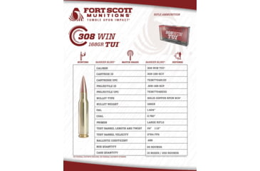 Image of Fort Scott Munitions 308 WINCHESTER 168 Grain Centerfire Rifle Ammo, 20 Rounds, 308-168-SCV