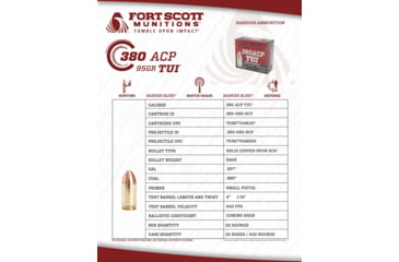 Image of Fort Scott Munitions 380ACP 95 Grain Centerfire Pistol Ammo, 20 Rounds, 380-095-SCV