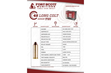 Image of Fort Scott Munitions .45 Colt 225 Grain SCS Solid Copper Spun Brass Cased Rifle Ammo, 20 Rounds, 45LC-225-SCV