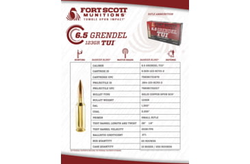 Image of Fort Scott Munitions 6.5 Grendel 123 Grain Copper Solid Brass Cased Centerfire Rifle Ammo, 20 Rounds, 65GR-123-SCV2