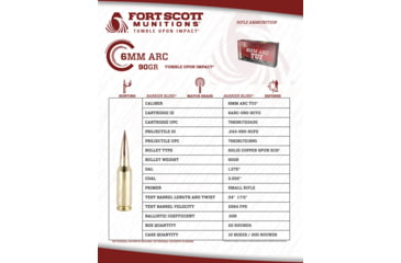 Image of Fort Scott Munitions 6mm ARC 90 Grain Tumble Upon Impact Brass Rifle Ammunition, 20 Round, 6ARC-090-SCV2
