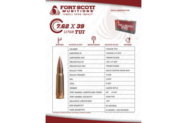 Image of Fort Scott Munitions, 7.62x39mm, 117 grain, Copper Solid, Brass, Centerfire Rifle Ammo, 20, 762X39-117-SCV
