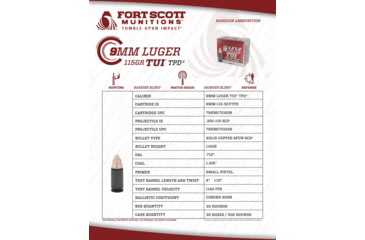 Image of Fort Scott Munitions 9 mm 115 Grain TPD-9 CNC Machined Copper Brass Pistol Ammo, 20 Rounds, 9MM-015-SCVTPD