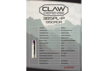 Image of Fort Scott Munitions Claw Defense 38SPL +P 135 grain Flat Nose Brass Cased Pistol Ammunition, 20 Rounds, 38+P-135-SCVFNCD