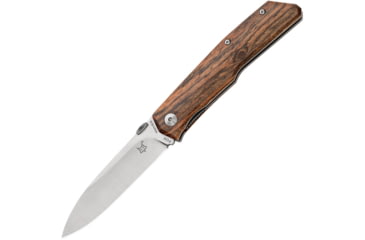 Image of Fox Terzuola Bocote Folding Knife, 3.5in Satin Bohler N690 SS Drop Point, Brown Bocote Wood Handle, Thumb Disk, Brown Leather Sheath, brown, 01FX117