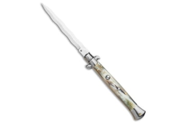 Image of Frank Beltrame 11 Brazilian Horn Italian Stiletto Automatic Folding Knife, 5.00in, Stainless Steel, Kriss Blade, Horn, Tan/Black Handle, Tan/Black/Steel, 11.00 inch, BHQ-117627