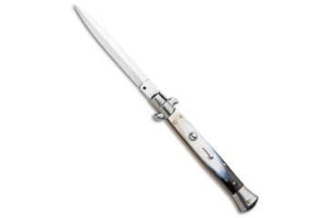 Image of Frank Beltrame 11 Italian Stiletto Automatic Folding Knife, 5.00in, Stainless Steel, Dagger Blade, Horn, Black/White Handle, Black/White/Steel, 11.00 inch, BHQ-105234