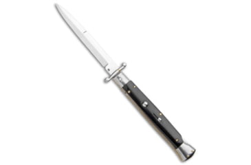 Image of Frank Beltrame 11 Italian Stiletto Swinguard Automatic Folding Knife, 5.00in, Stainless Steel, Bayonet Blade, Horn, Black Handle, Satin Bayonet, Black/Steel, 11.00 inch, BHQ-105617