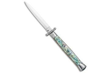 Image of Frank Beltrame 11 Italian Stiletto Swinguard Automatic Folding Knife, 5.00in, Stainless Steel, Dagger Blade, Abalone, White Handle, Satin Dagger, White/Gray, 11.00 inch, BHQ-77554