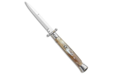Image of Frank Beltrame 11 Italian Stiletto Swinguard Automatic Folding Knife, 5.00in, Stainless Steel, Bayonet Blade, Horn, Tan Handle, Satin Bayonet, Tan/Steel, 11.00 inch, BHQ-24183