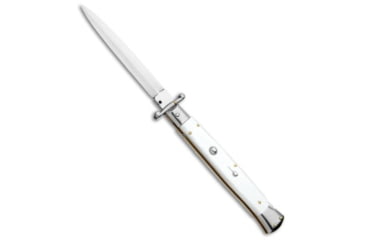 Image of Frank Beltrame 11 Italian Stiletto Swinguard Dagger Automatic Folding Knife, 5.00in, Stainless Steel, Dagger Blade, Acrylic, White Handle, Pearlex, White/Gray, 11.00 inch, BHQ-95088