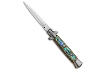 Image of Frank Beltrame 9 Italian Stiletto Dagger Automatic Folding Knife, 4.00in, Stainless Steel, Dagger Blade, Abalone, Spectrum Handle, Spectrum/Steel, 8.75 inch, BHQ-85118