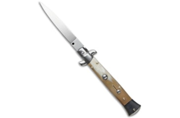 Image of Frank Beltrame 9 Italian Stiletto Automatic Folding Knife, 4.00in, Stainless Steel, Bayonet Blade, Horn, Tan/White Handle, Tan/White/Steel, 9.00 inch, BHQ-50915