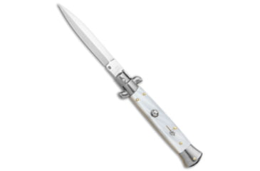 Image of Frank Beltrame 9 Italian Stiletto Automatic Folding Knife, 4.00in, Stainless Steel, Dagger Blade, Acrylic, White Handle, White/Steel, 9.00 inch, BHQ-138986
