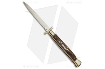 Image of Frank Beltrame 11 Italian Stiletto Swinguard Gold Plated Automatic Folding Knife, 5.00in, Stainless Steel, Bayonet Blade, Horn, Brown Handle, Brown/Gold, 11.00 inch, BHQ-51920