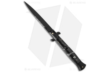 Image of Frank Beltrame 9 Italian Stiletto Automatic Folding Knife, 4.00in, Stainless Steel, Spear Point Blade, Acrylic, Black Handle, Black/Black, 8.75 inch, BHQ-50921