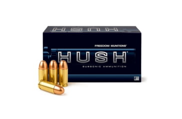 Image of Freedom Munitions HUSH Subsonic 9mm Luger 147 Grain Round Nose Brass Pistol Ammo, 50 Rounds, FMH9R147N50