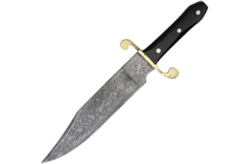 Image of Frost Bowie Knife, 14.75in Overall, 9.75in Damascus Steel Clip Point Blade, Buffalo Horn Handle, Brass Guard, Brown Leather Sheath, FJRS005DBH