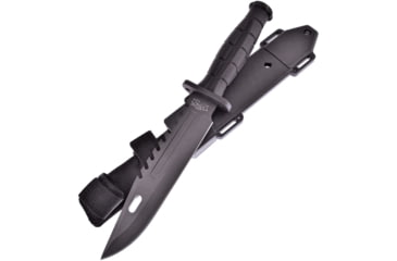 Image of Frost Bowie Rubber Handle Knife, 12in Overall, 7in Black SS Clip Point Blade, Black Rubberized ABS Handle, Sawback Blade, Black ABS Sheath, FC-34B