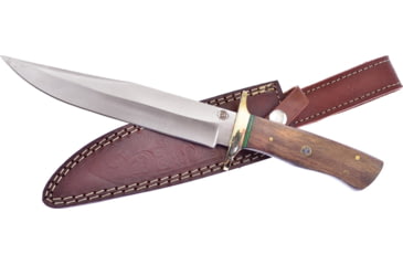 Image of Frost Buffalo Spirit Bowie Knife, Chipaway, 12.25in Overall, 7.5in Satin SS Clip Point Blade, Brown Wood Handle, Brass Guard, Brown Leather Sheath, CW668