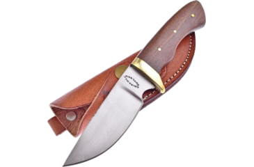 Image of Frost Chickasaw Skinner Rosewood Knife, Chipaway, 8in Overall, 3.75in Satin SS Blade, Rosewood Handle, Brass Guard, Brown Leather Sheath, CW-009RW