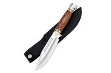 Image of Frost Iron Horse Pakkawood Bowie Fixed Blade Knife, 10.25in Overall, 5.5in Satin SS Clip Point Blade, Brown Pakkawood Handle, Brass Guard And SS Pommel, Black Nylon Belt Sheath, brown, 16-718BW