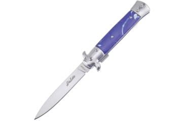 Image of Frost Italian Stiletto Milano A/O Folding Knife, 5in Closed, 4in Mirror SS Spear Point Blade, Blue Synthetic Handle, SS Bolster, Pocket Clip, ISM-001BL