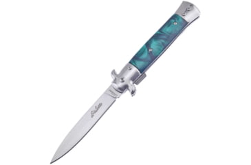 Image of Frost Italian Stiletto Milano A/O Folding Knife, 5in Closed, 4in Mirror SS Spear Point Blade, Green Synthetic Handle, SS Bolster, Pocket Clip, ISM-001G