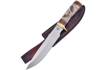 Image of Frost Red Plains Chief Bowie Knife, Chipaway, 11.5in Overall, 6.5in Satin SS Drop Point, Brass Guard, Carved Bone And Pakkawood Handle, Brown Leather Sheath, CW-3992IN
