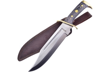 Image of Frost Sunrise Bowie Knife, 16.5in Overall, 11in Satin SS Clip Point Blade, Black Pakkawood Handle, Brass Guard, Brown Leather Sheath, HK00216