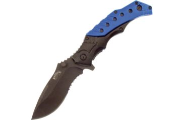 Image of Frost Tactical Linerlock Blue A/O Folding Knife,3.5in,Partially Serrated,Black and Blue,Aluminum Handle F18412BL