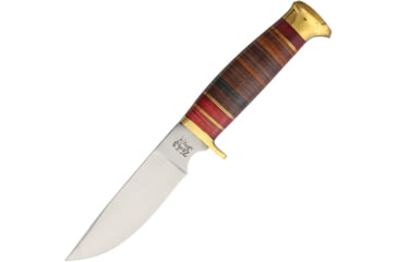 Image of Frost Trophy Stag Skinner Knife, Trophy Stag, 9.5in Overall, 4.88in Satin SS Blade, Brass Guard, Walnut And Red Pakkawood Handle, Brown Leather Sheath, TS-207