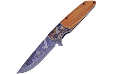 Image of Frost Wildlife Eagle Wood A/O Folding Knife, 4.75in Closed, 3.75in, Stainless Blade, Olive Wood Handle, BKH-019E