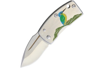 Image of G.Sakai Money Clip Framelock Bird Folding Knife, 1.63in Satin Vg-10 SS Drop Point, Satin SS Handle, Pocket Clip, Bird Handle Artwork, Boxed With Hanging Tab, 11167