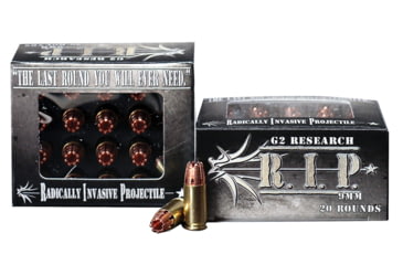 Image of G2 Research Ammunitions R.I.P. 9mm Luger 92 Grain Hollow Point Brass Cased Pistol Ammo, 20 Rounds, RIP 9MM