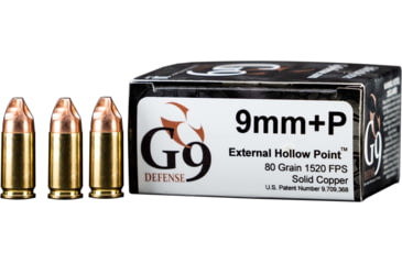 Image of G9 Defense 9mm +P 80 Grain Hollow Point Brass Cased Pistol Ammo, 20 Rounds, E-9MMP-80A