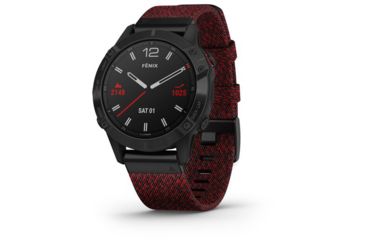Image of Garmin Fenix 6 Sapphire Multisport Fitness Watch, Black DLC w/Red Nylon Band, 010-02158-16